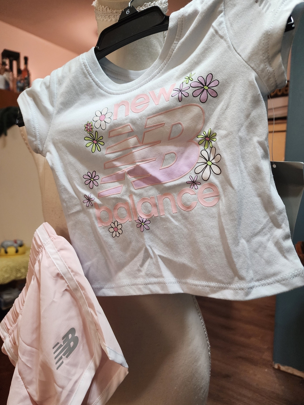 New Balance White Tee with Pink Logo & Floral Accents